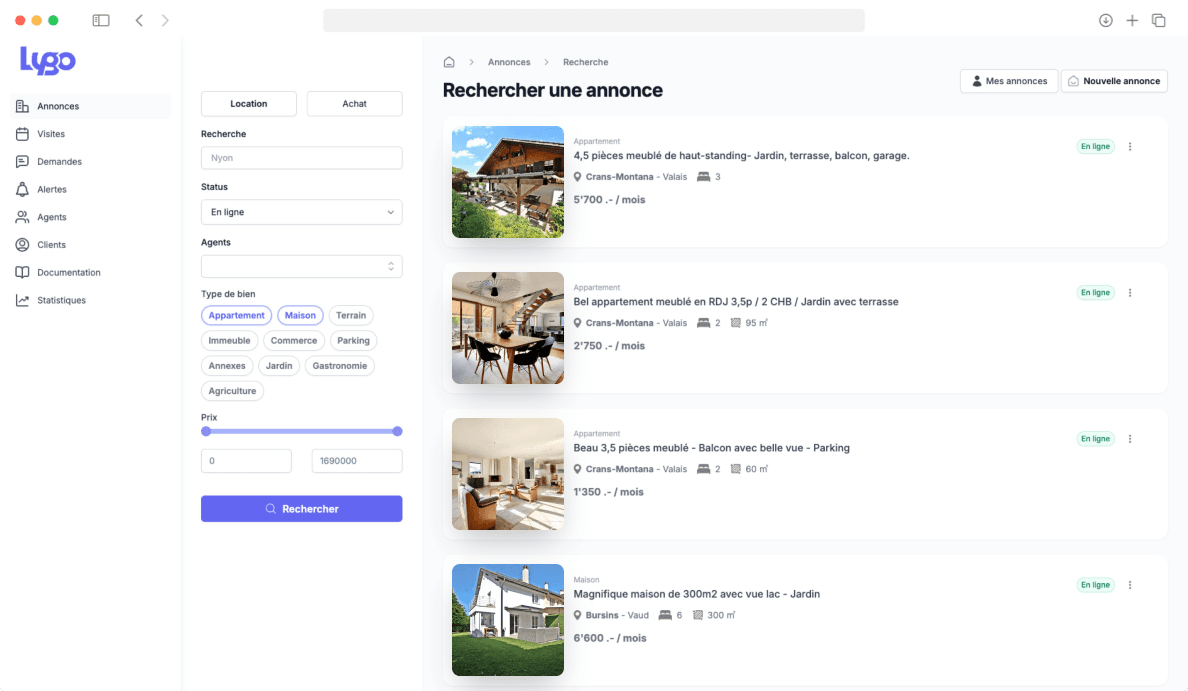 Tableau de bord Lygo, interface de gestion immobilière
